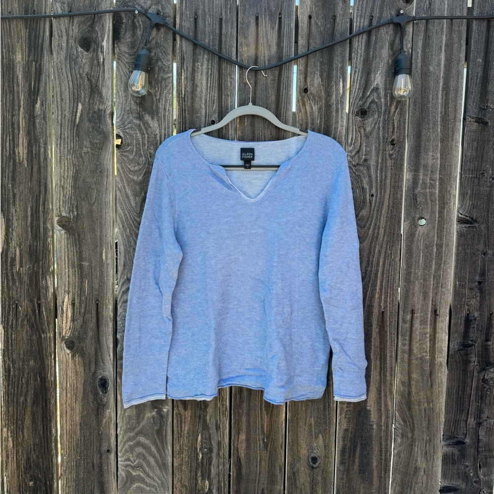 Eileen Fisher Double Layer Blue V Neck Lightweight Wool Blend Sweater size small